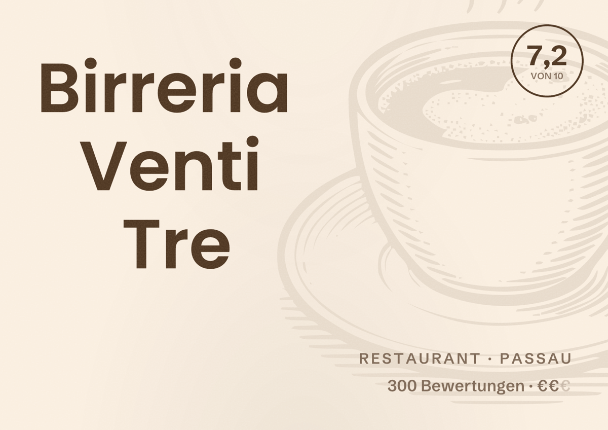 Illustriertes Poster von Birreria Venti Tre, Restaurant in Passau: Bewertung 7,2 von 10 aus 300 Bewertungen, Preisniveau €€