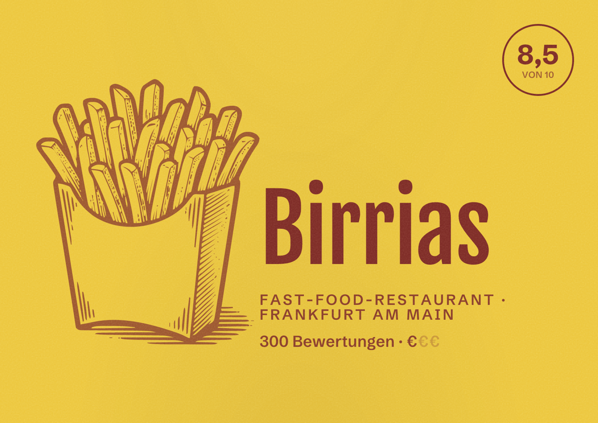 Illustriertes Poster von Birrias, Fast-Food-Restaurant in Frankfurt am Main: Bewertung 8,5 von 10 aus 300 Bewertungen, Preisniveau €
