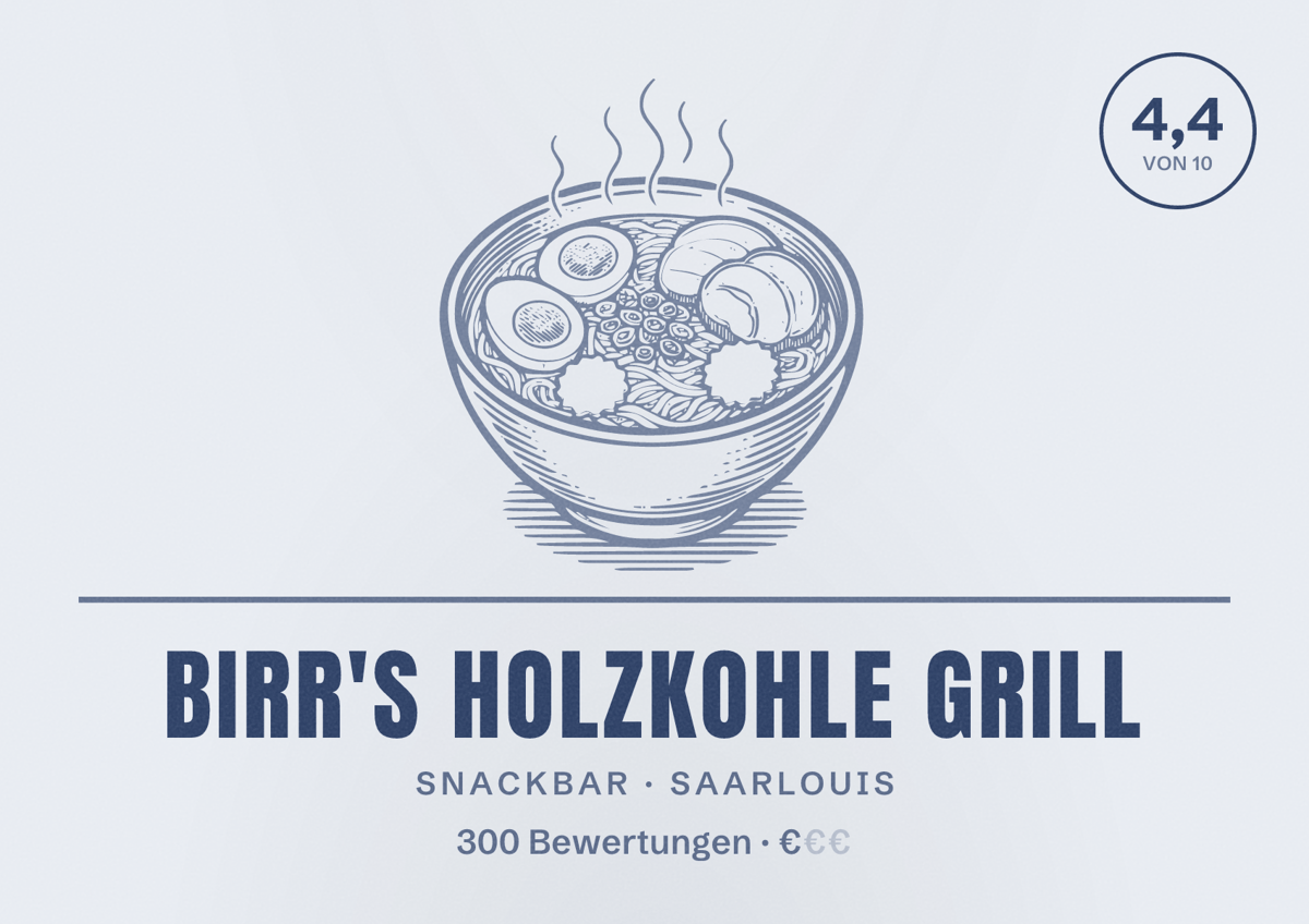 Illustriertes Poster von Birr's Holzkohle Grill, Snackbar in Saarlouis: Bewertung 4,4 von 10 aus 300 Bewertungen, Preisniveau €