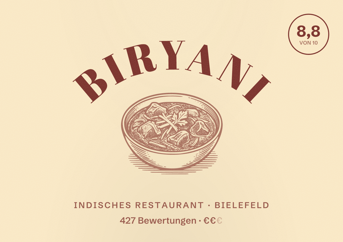 Illustriertes Poster von Biryani, Indisches Restaurant in Bielefeld: Bewertung 8,8 von 10 aus 427 Bewertungen, Preisniveau €€