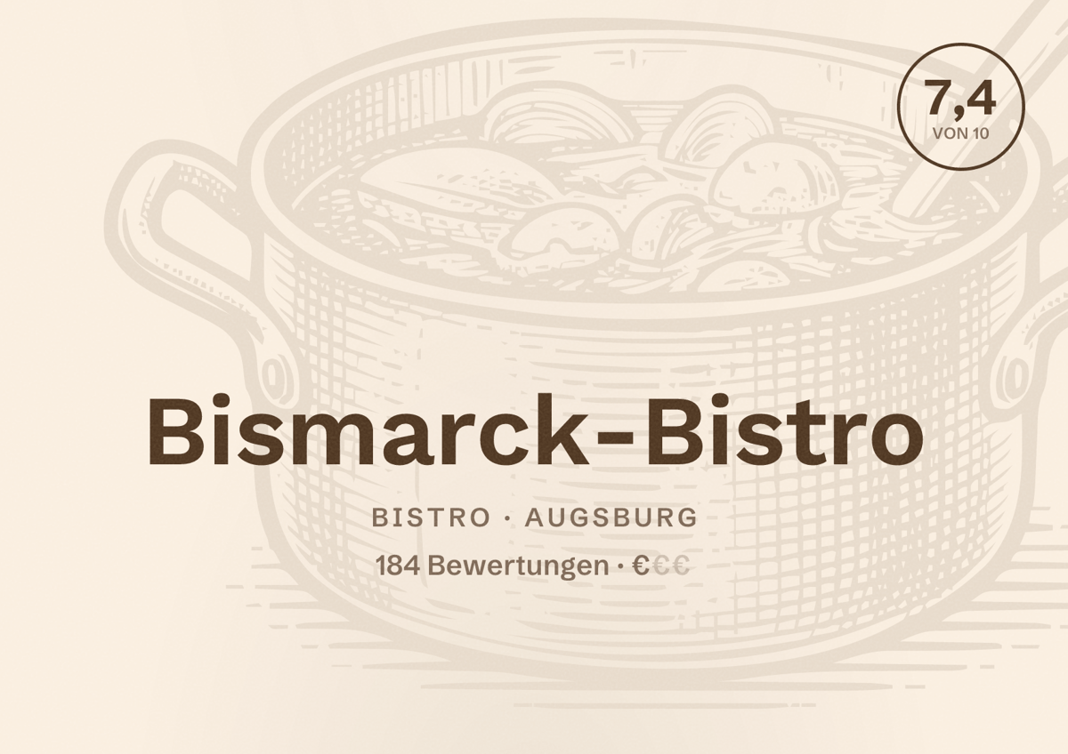 Illustriertes Poster von Bismarck-Bistro, Bistro in Augsburg: Bewertung 7,4 von 10 aus 184 Bewertungen, Preisniveau €