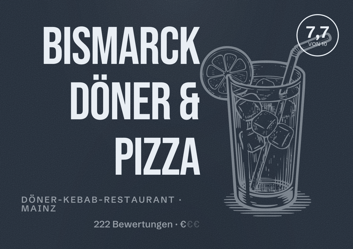 Illustriertes Poster von Bismarck Döner & Pizza, Döner-Kebab-Restaurant in Mainz: Bewertung 7,7 von 10 aus 222 Bewertungen, Preisniveau €