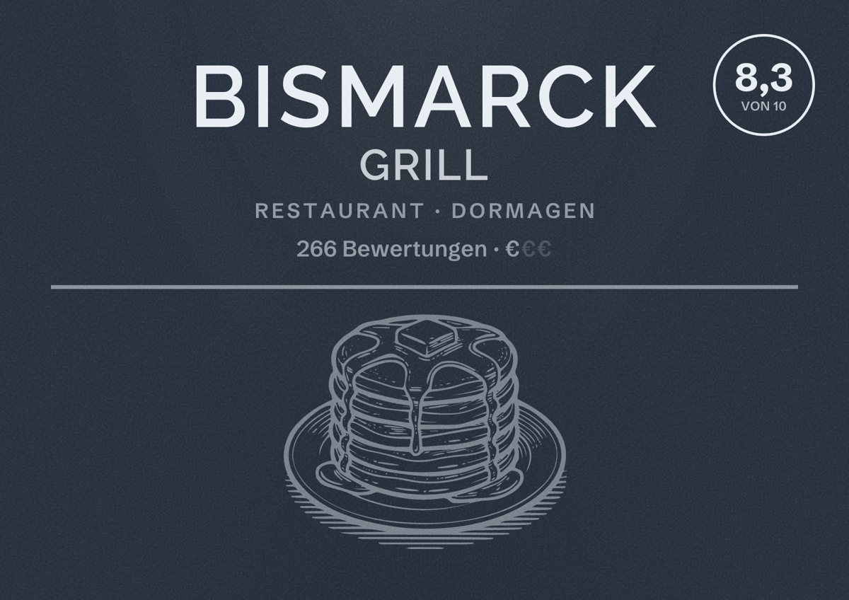 Illustriertes Poster von Bismarck Grill, Restaurant in Dormagen: Bewertung 8,3 von 10 aus 266 Bewertungen, Preisniveau €