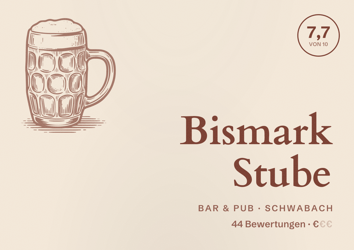 Illustriertes Poster von Bismark Stube, Bar & Pub in Schwabach: Bewertung 7,7 von 10 aus 44 Bewertungen, Preisniveau €