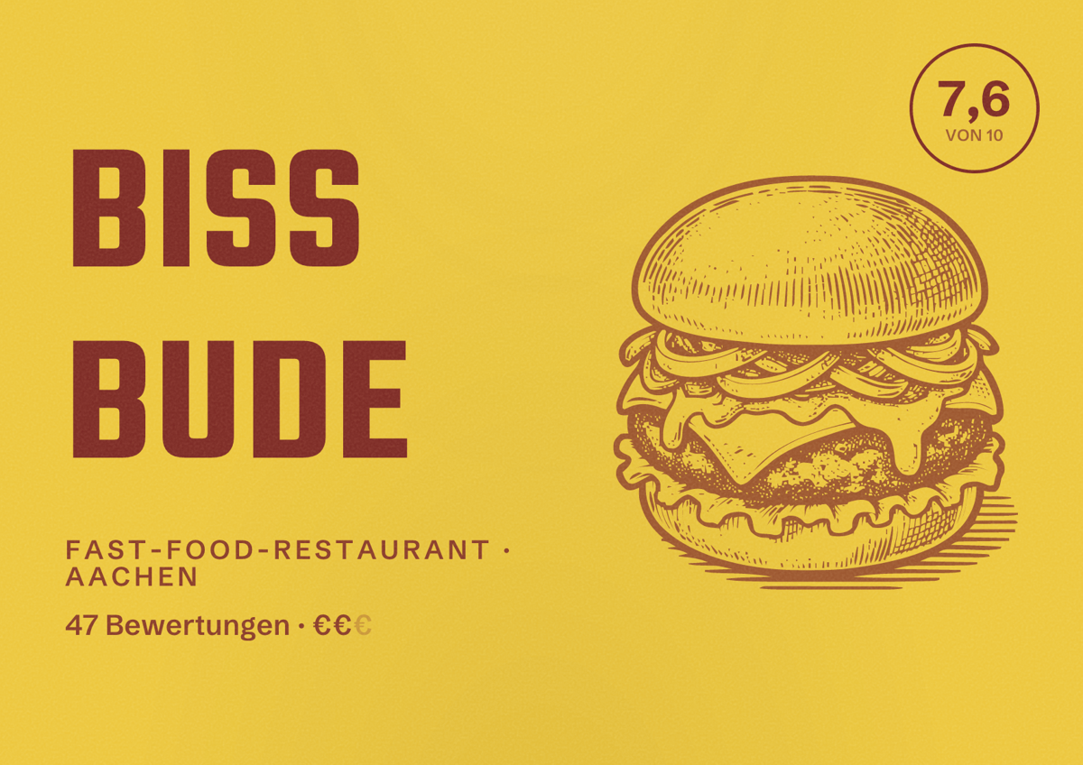 Illustriertes Poster von Biss Bude, Fast-Food-Restaurant in Aachen: Bewertung 7,6 von 10 aus 47 Bewertungen, Preisniveau €€