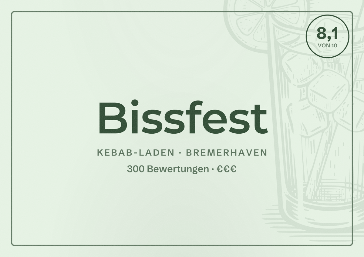 Illustriertes Poster von Bissfest, Kebab-Laden in Bremerhaven: Bewertung 8,1 von 10 aus 300 Bewertungen, Preisniveau €€€