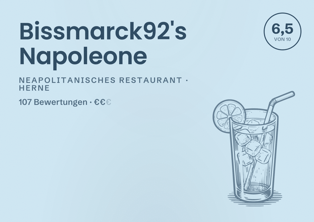 Illustriertes Poster von Bissmarck92's Napoleone, Neapolitanisches Restaurant in Herne: Bewertung 6,5 von 10 aus 107 Bewertungen, Preisniveau €€
