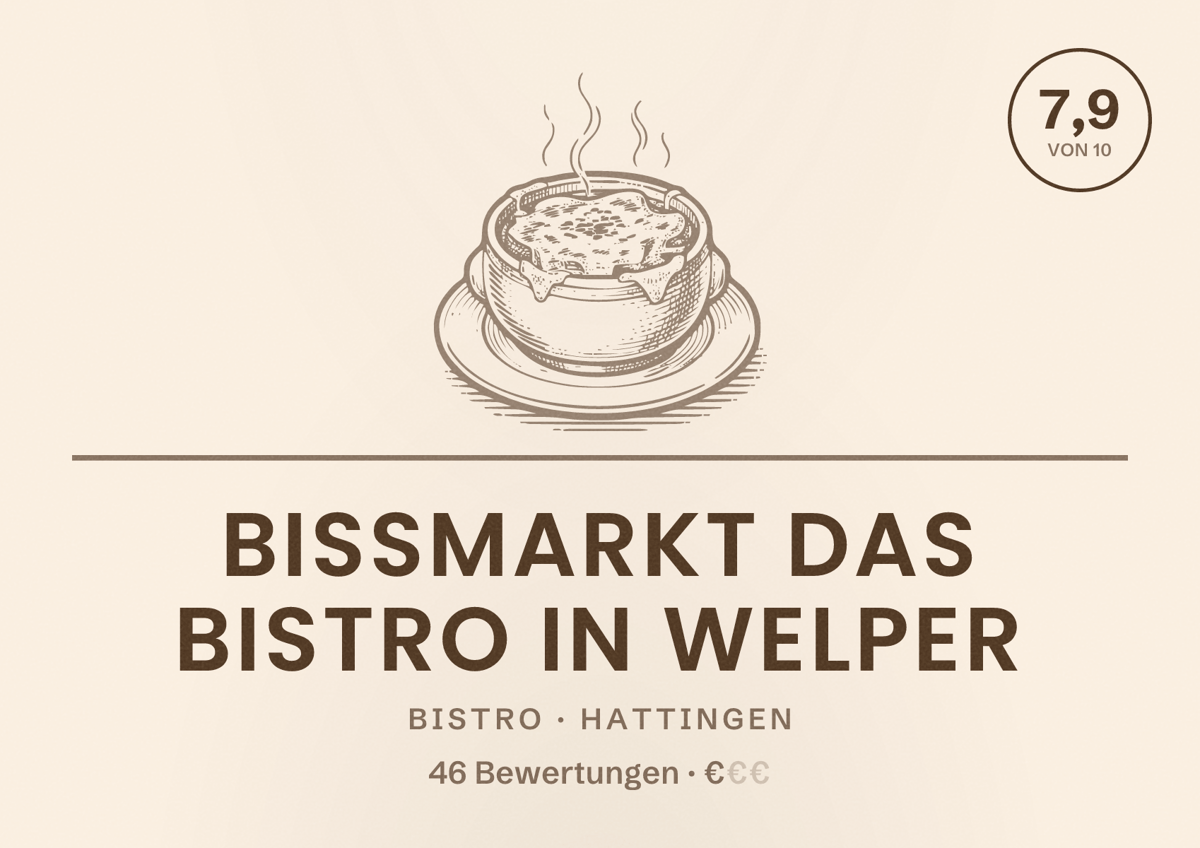Illustriertes Poster von Bissmarkt das Bistro in Welper, Bistro in Hattingen: Bewertung 7,9 von 10 aus 46 Bewertungen, Preisniveau €