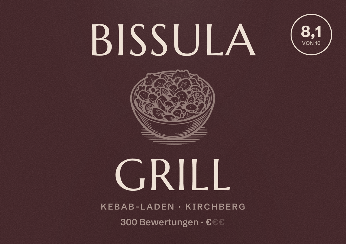 Illustriertes Poster von BISSULA Grill, Kebab-Laden in Kirchberg: Bewertung 8,1 von 10 aus 300 Bewertungen, Preisniveau €