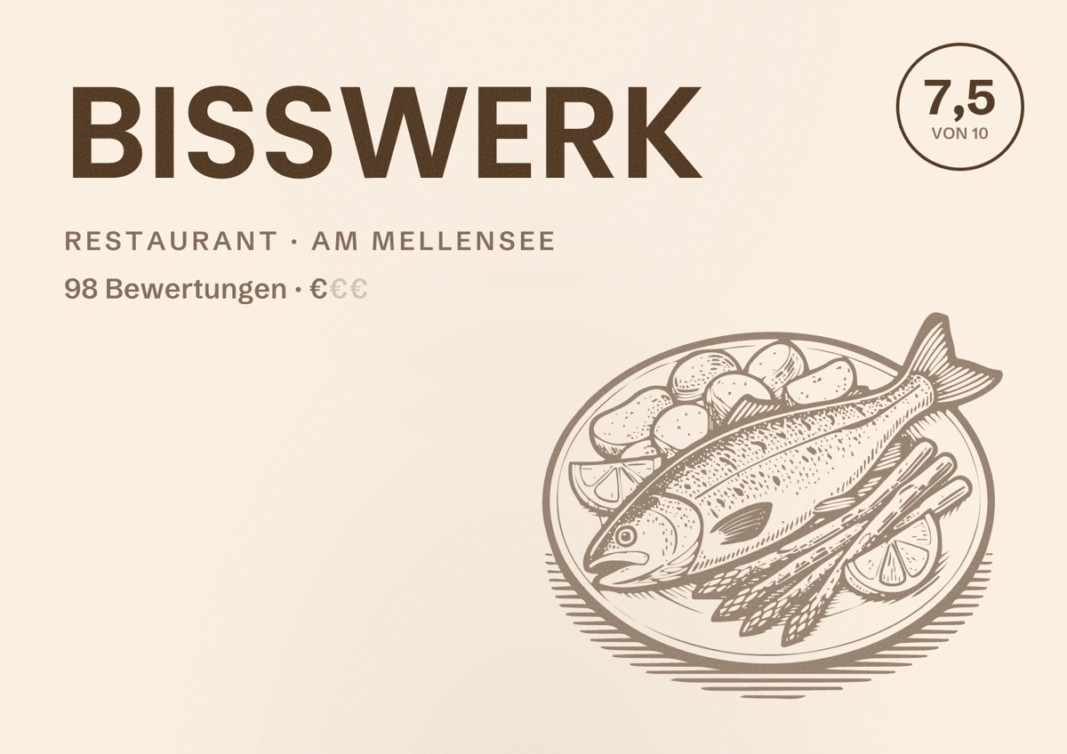 Illustriertes Poster von BISSWERK, Restaurant in Am Mellensee: Bewertung 7,5 von 10 aus 98 Bewertungen, Preisniveau €