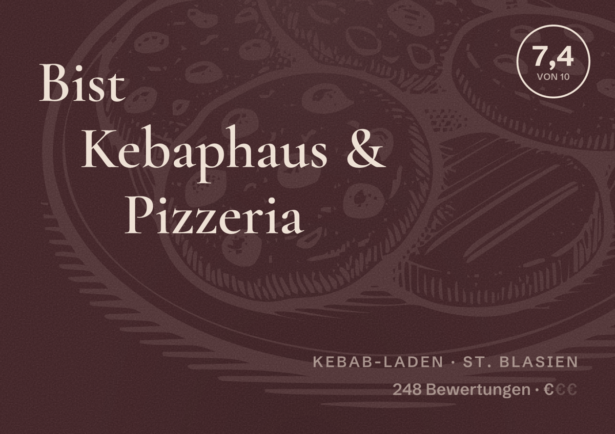 Illustriertes Poster von Bist Kebaphaus & Pizzeria, Kebab-Laden in St. Blasien: Bewertung 7,4 von 10 aus 248 Bewertungen, Preisniveau €