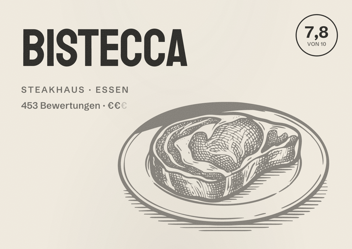 Illustriertes Poster von BISTECCA, Steakhaus in Essen: Bewertung 7,8 von 10 aus 453 Bewertungen, Preisniveau €€