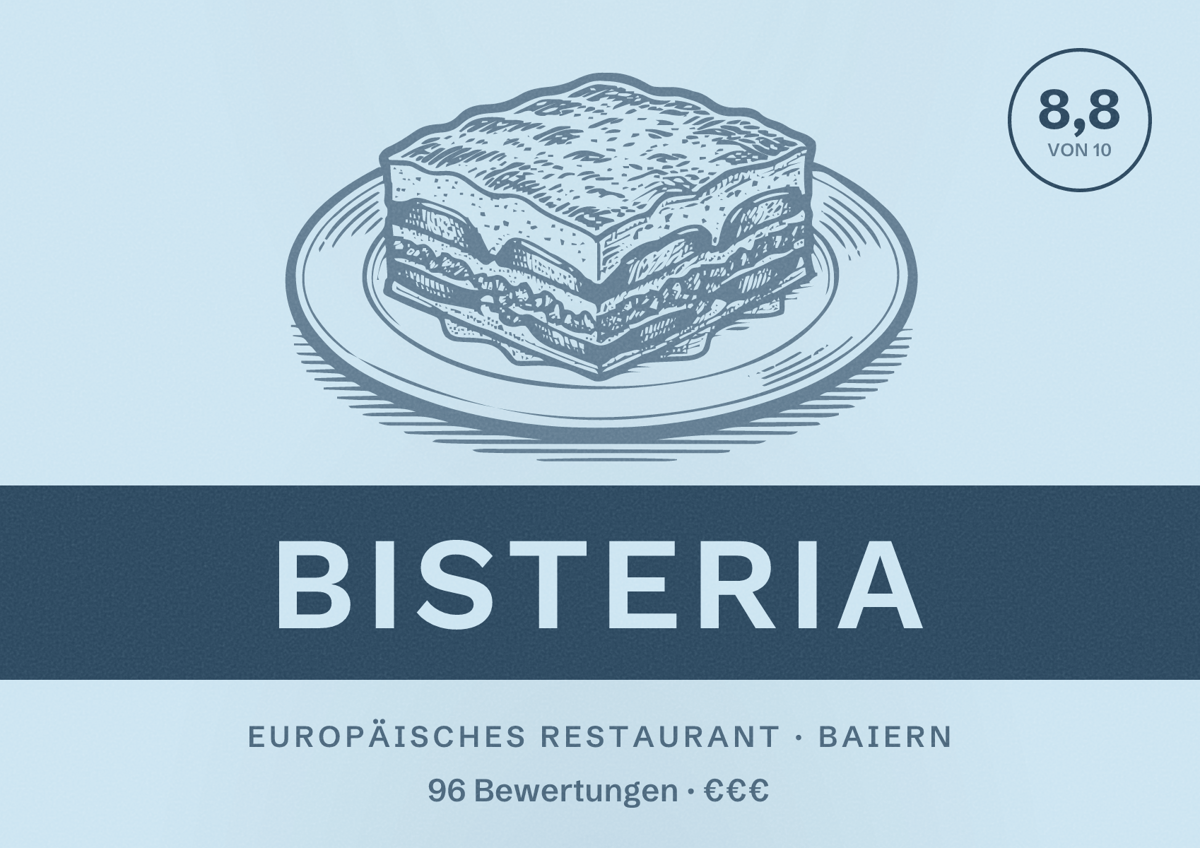 Illustriertes Poster von Bisteria, Europäisches Restaurant in Baiern: Bewertung 8,8 von 10 aus 96 Bewertungen, Preisniveau €€€