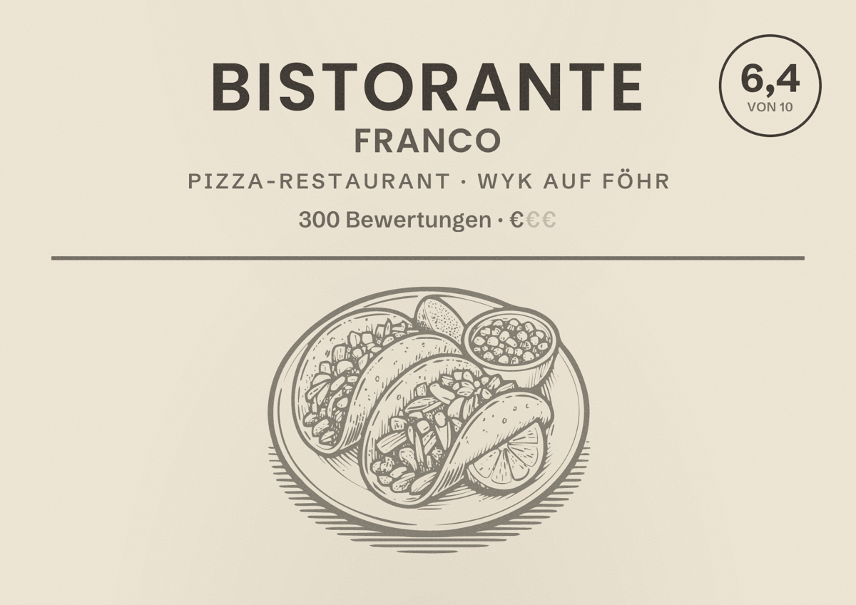 Illustriertes Poster von Bistorante Franco, Pizza-Restaurant in Wyk auf Föhr: Bewertung 6,4 von 10 aus 300 Bewertungen, Preisniveau €