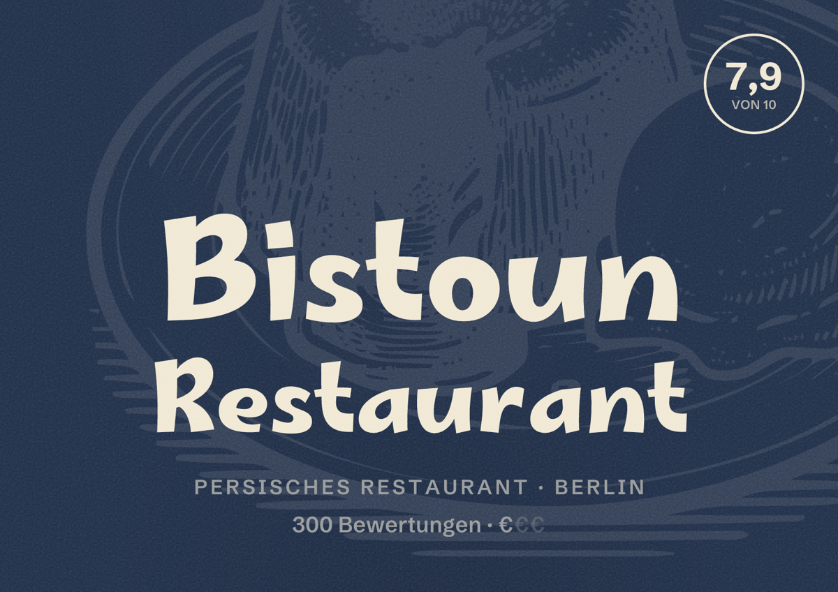 Illustriertes Poster von Bistoun Restaurant, Persisches Restaurant in Berlin: Bewertung 7,9 von 10 aus 300 Bewertungen, Preisniveau €