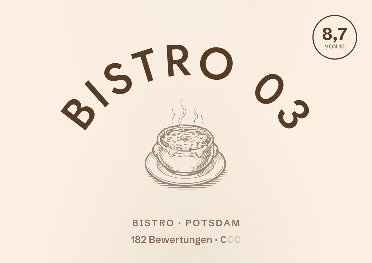 Illustriertes Poster von Bistro 03, Bistro in Potsdam: Bewertung 8,7 von 10 aus 182 Bewertungen, Preisniveau €