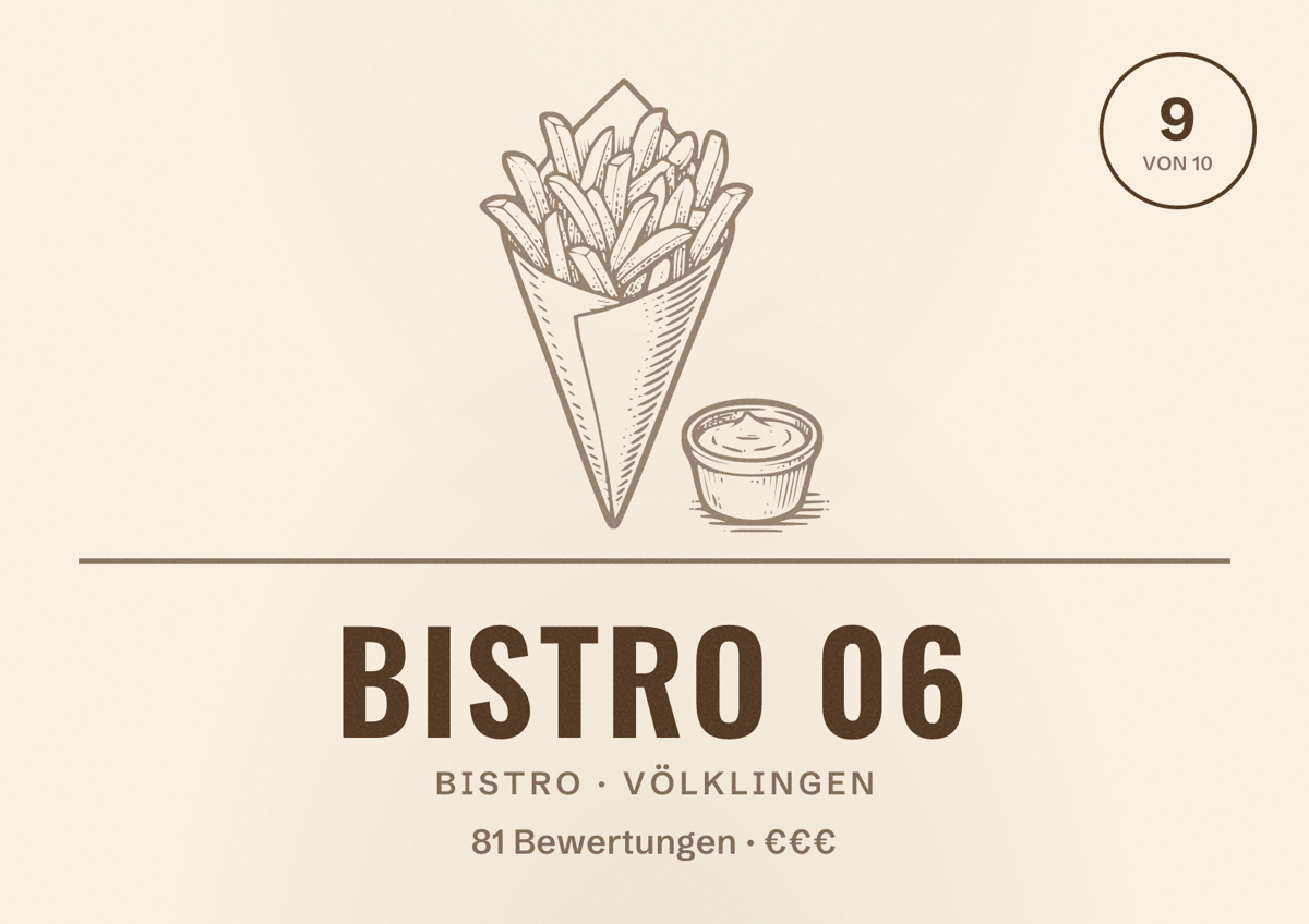 Illustriertes Poster von Bistro 06, Bistro in Völklingen: Bewertung 9 von 10 aus 81 Bewertungen, Preisniveau €€€