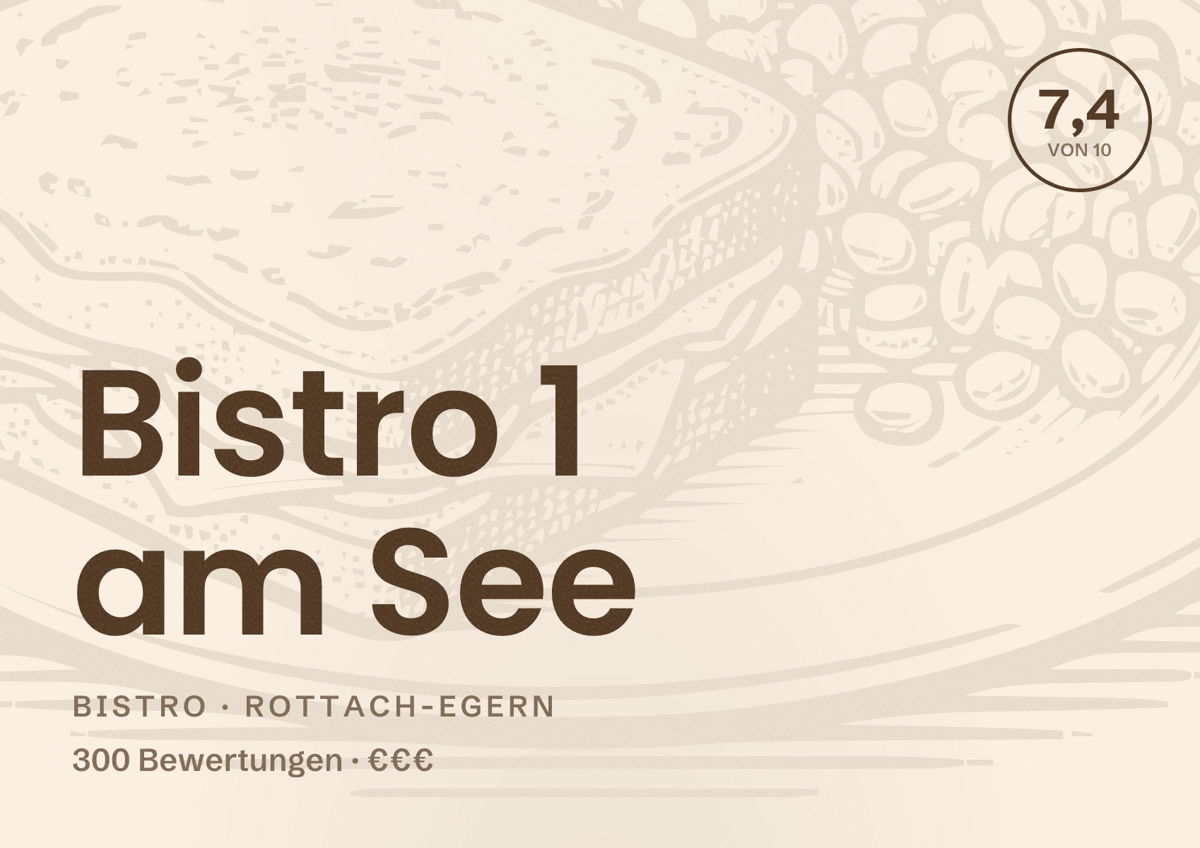Illustriertes Poster von Bistro 1 am See, Bistro in Rottach-Egern: Bewertung 7,4 von 10 aus 300 Bewertungen, Preisniveau €€€
