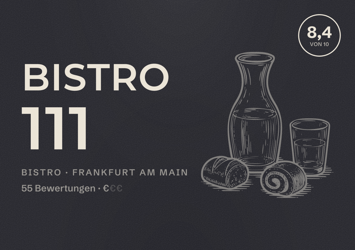 Illustriertes Poster von Bistro 111, Bistro in Frankfurt am Main: Bewertung 8,4 von 10 aus 55 Bewertungen, Preisniveau €