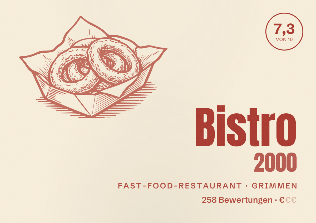Illustriertes Poster von Bistro 2000, Fast-Food-Restaurant in Grimmen: Bewertung 7,3 von 10 aus 258 Bewertungen, Preisniveau €