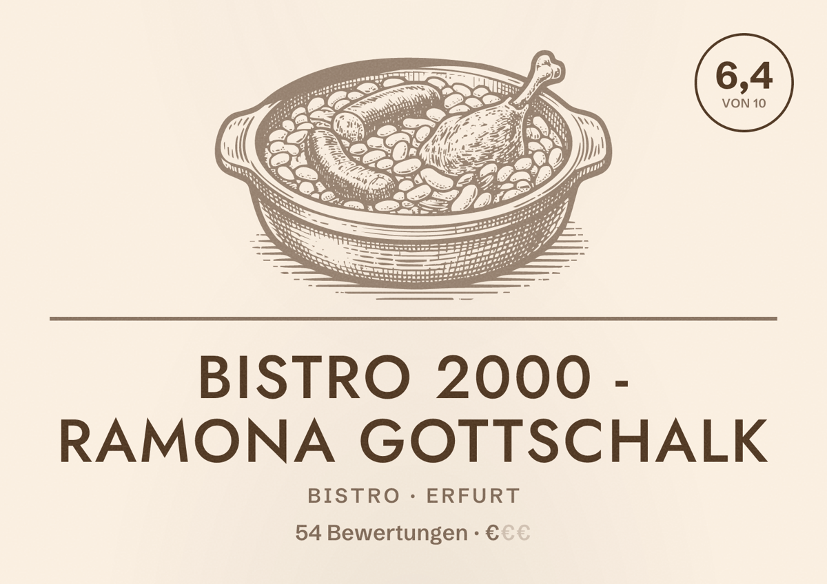 Illustriertes Poster von Bistro 2000 - Ramona Gottschalk, Bistro in Erfurt: Bewertung 6,4 von 10 aus 54 Bewertungen, Preisniveau €