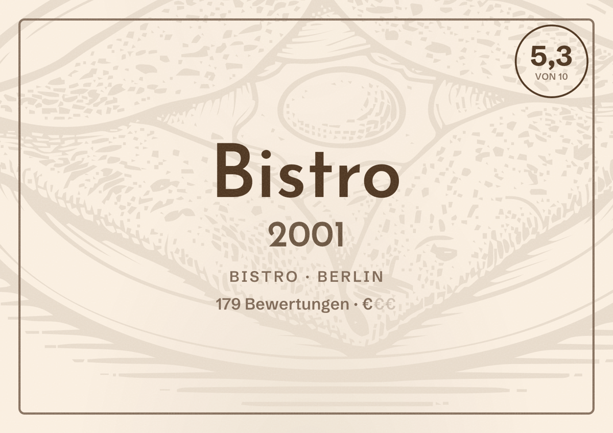 Illustriertes Poster von Bistro 2001, Bistro in Berlin: Bewertung 5,3 von 10 aus 179 Bewertungen, Preisniveau €