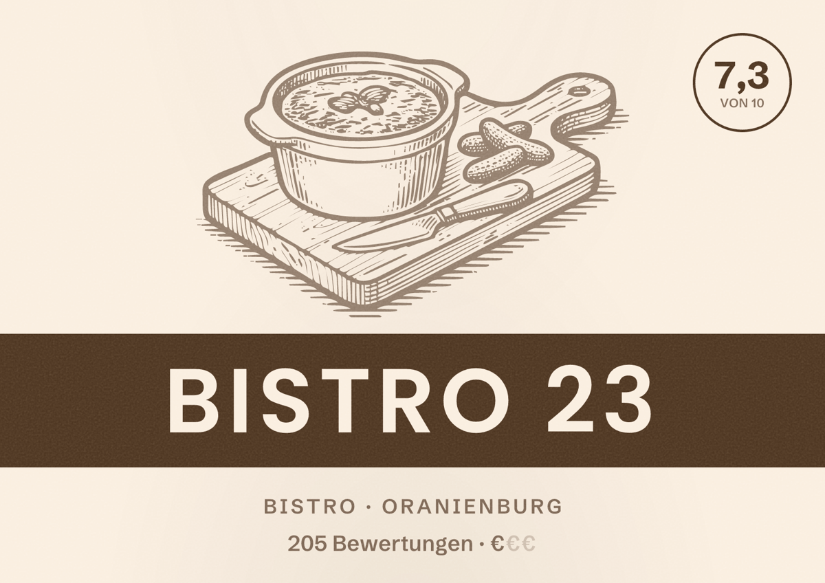 Illustriertes Poster von Bistro 23, Bistro in Oranienburg: Bewertung 7,3 von 10 aus 205 Bewertungen, Preisniveau €