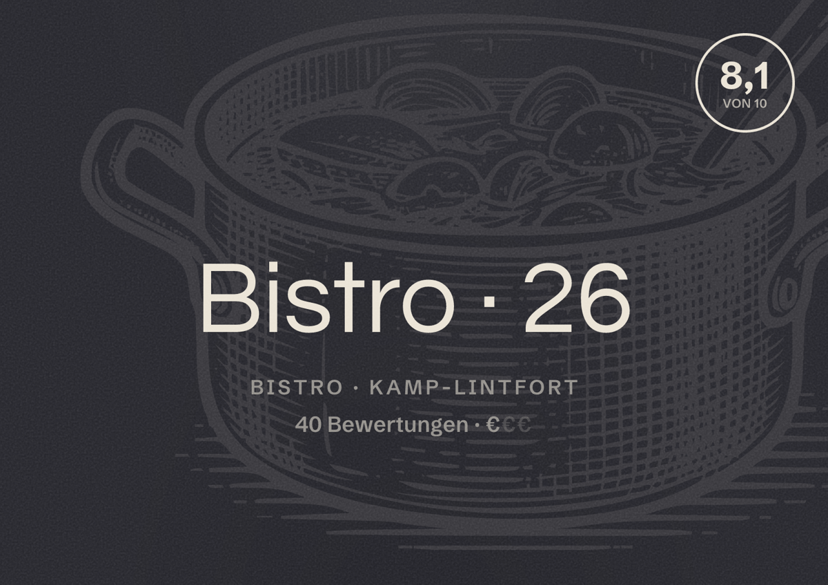 Illustriertes Poster von Bistro 26, Bistro in Kamp-Lintfort: Bewertung 8,1 von 10 aus 40 Bewertungen, Preisniveau €