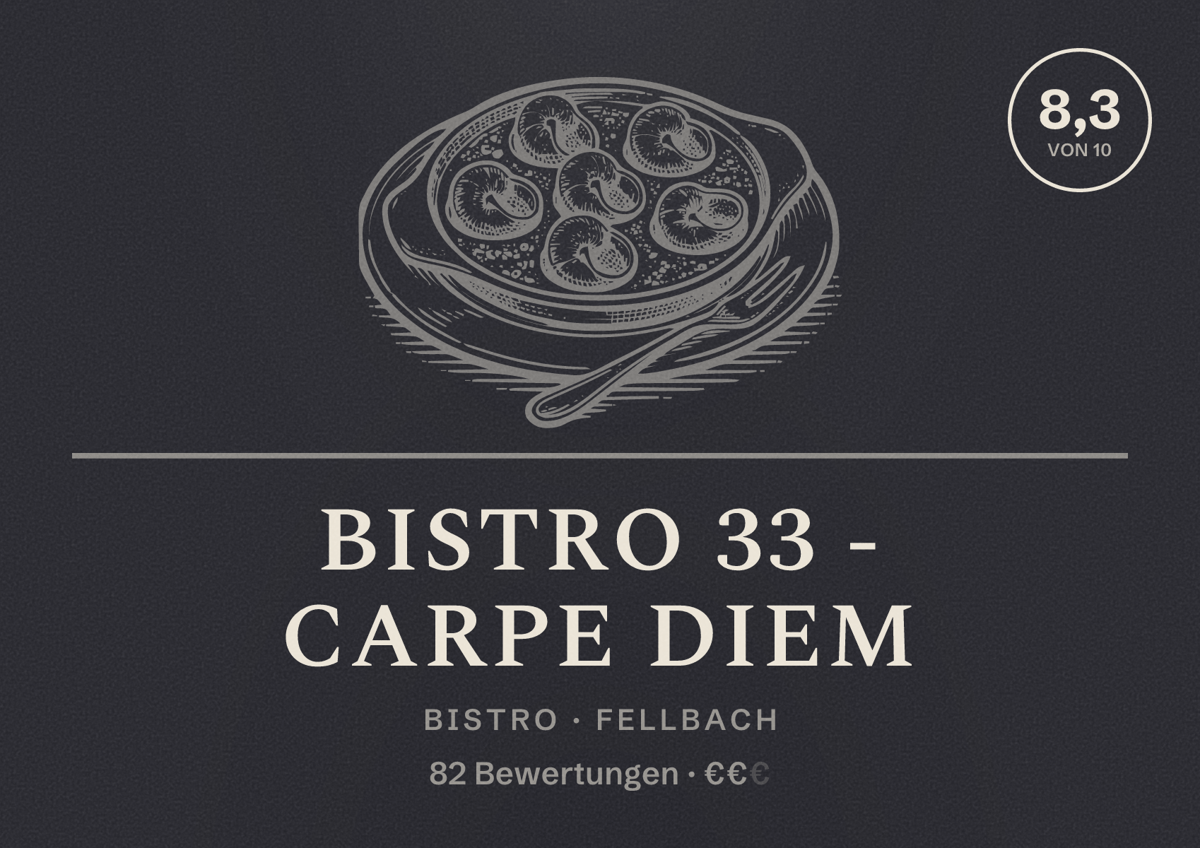 Illustriertes Poster von Bistro 33 - carpe diem, Bistro in Fellbach: Bewertung 8,3 von 10 aus 82 Bewertungen, Preisniveau €€
