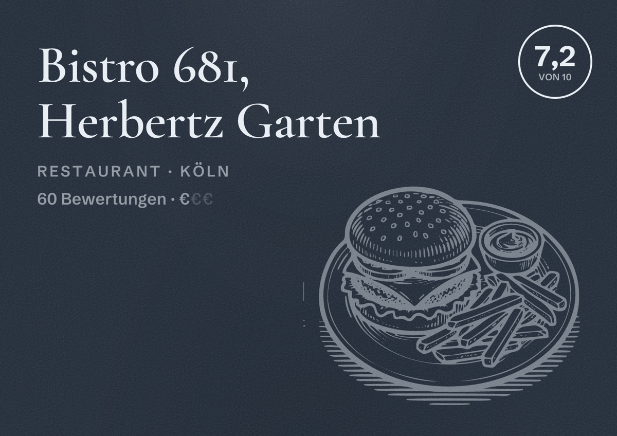 Illustriertes Poster von Bistro 681, Herbertz Garten, Restaurant in Köln: Bewertung 7,2 von 10 aus 60 Bewertungen, Preisniveau €