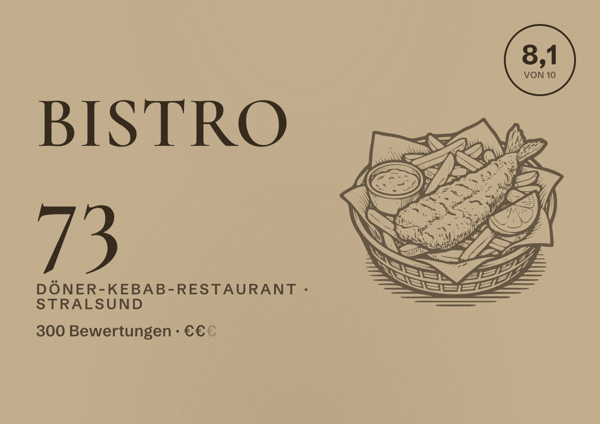 Illustriertes Poster von Bistro 73, Döner-Kebab-Restaurant in Stralsund: Bewertung 8,1 von 10 aus 300 Bewertungen, Preisniveau €€