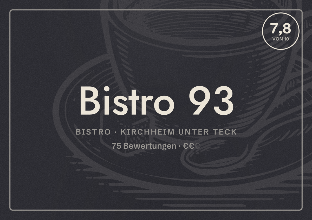 Illustriertes Poster von Bistro 93, Bistro in Kirchheim unter Teck: Bewertung 7,8 von 10 aus 75 Bewertungen, Preisniveau €€