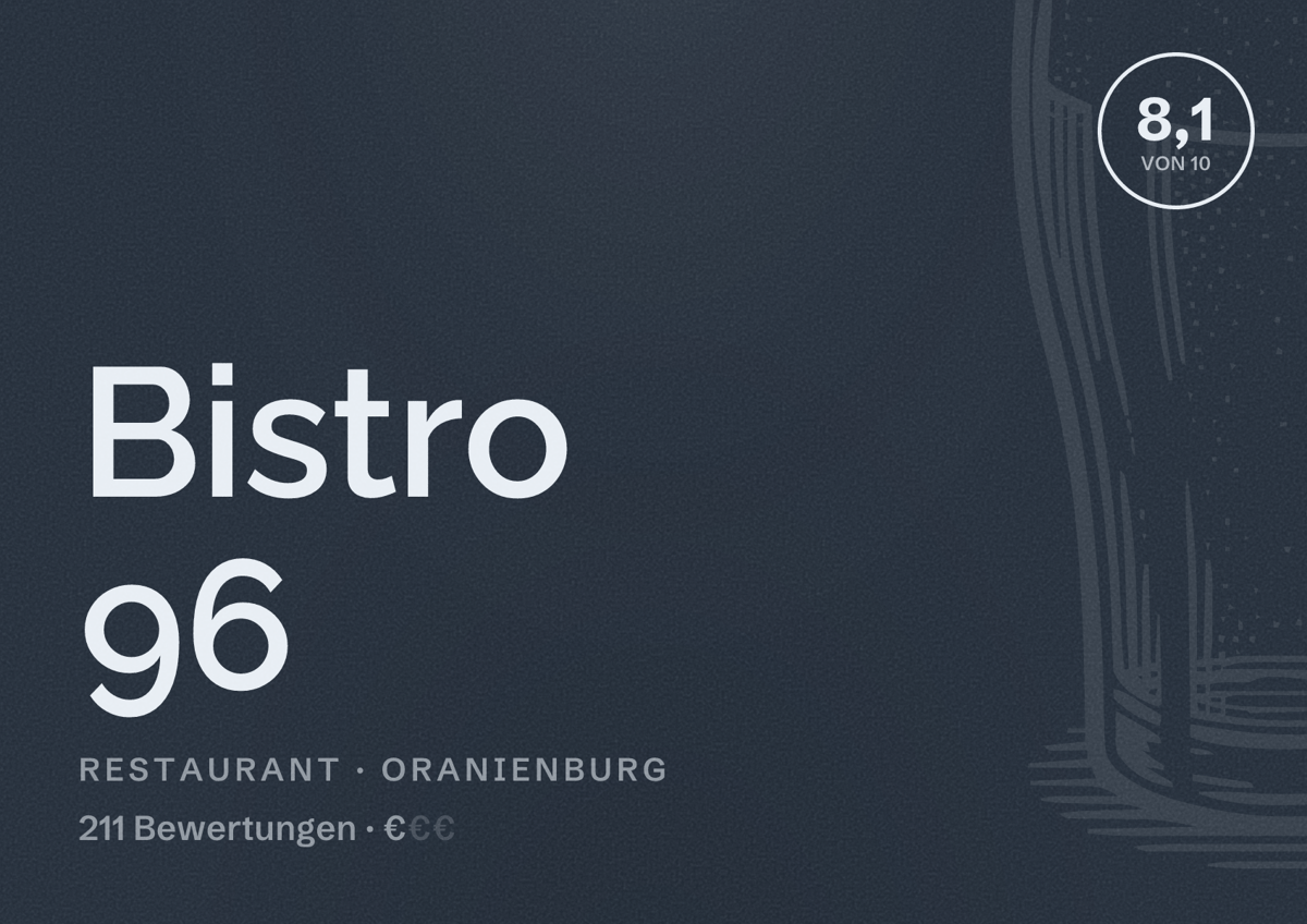 Illustriertes Poster von Bistro 96, Restaurant in Oranienburg: Bewertung 8,1 von 10 aus 211 Bewertungen, Preisniveau €