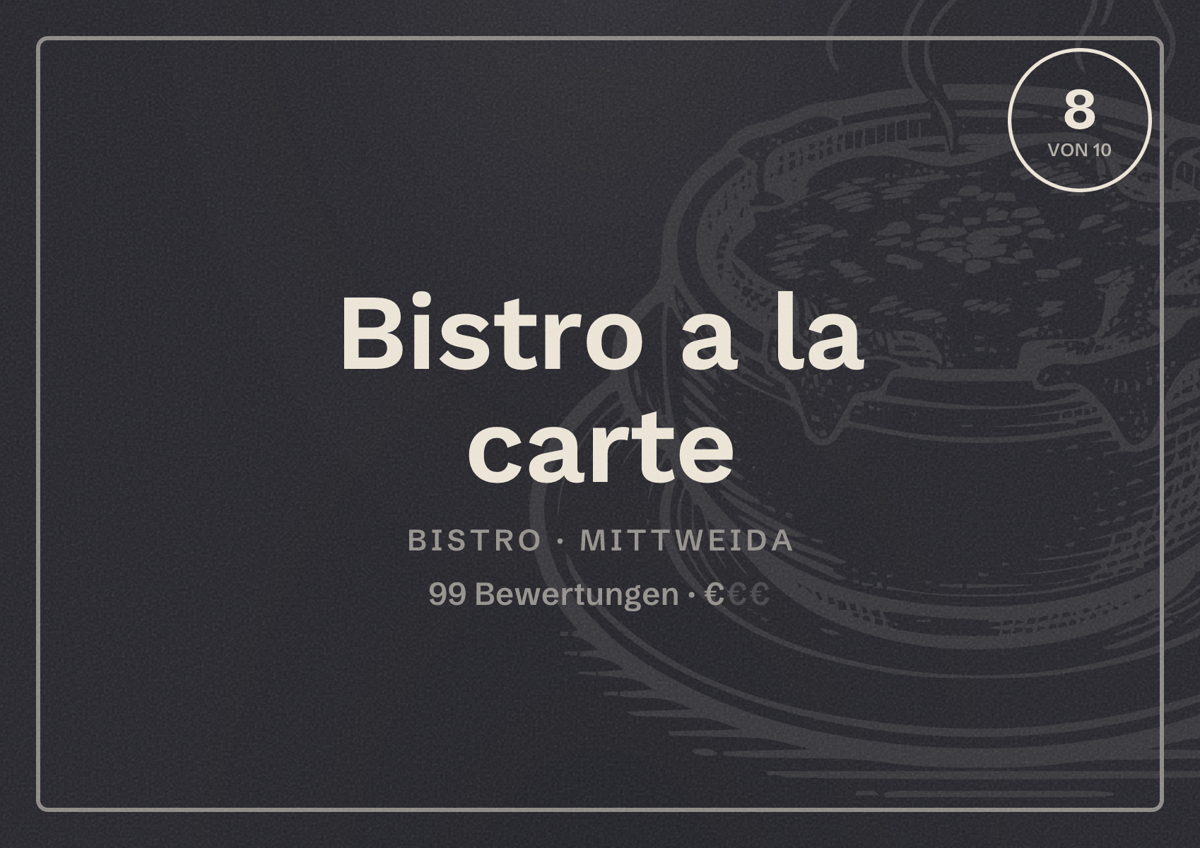 Illustriertes Poster von Bistro a la carte, Bistro in Mittweida: Bewertung 8 von 10 aus 99 Bewertungen, Preisniveau €