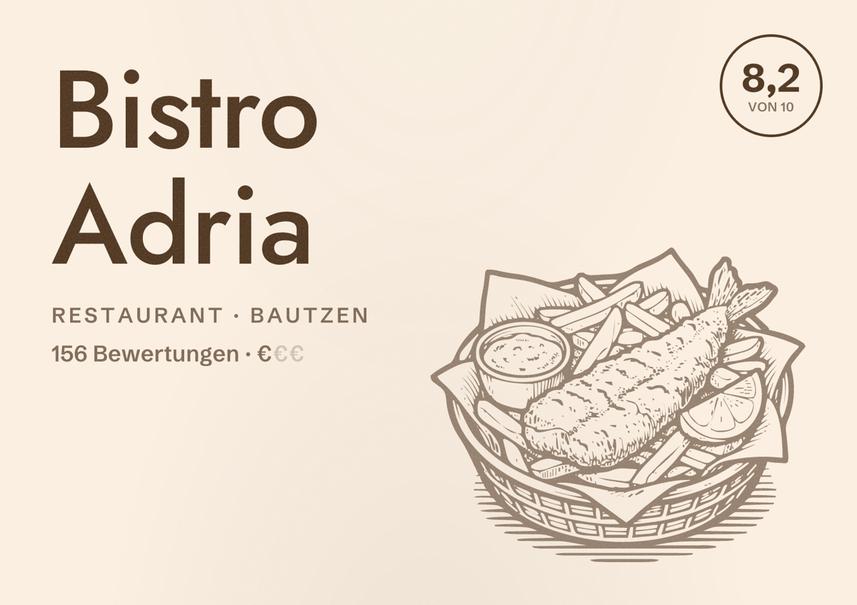 Illustriertes Poster von Bistro Adria, Restaurant in Bautzen: Bewertung 8,2 von 10 aus 156 Bewertungen, Preisniveau €