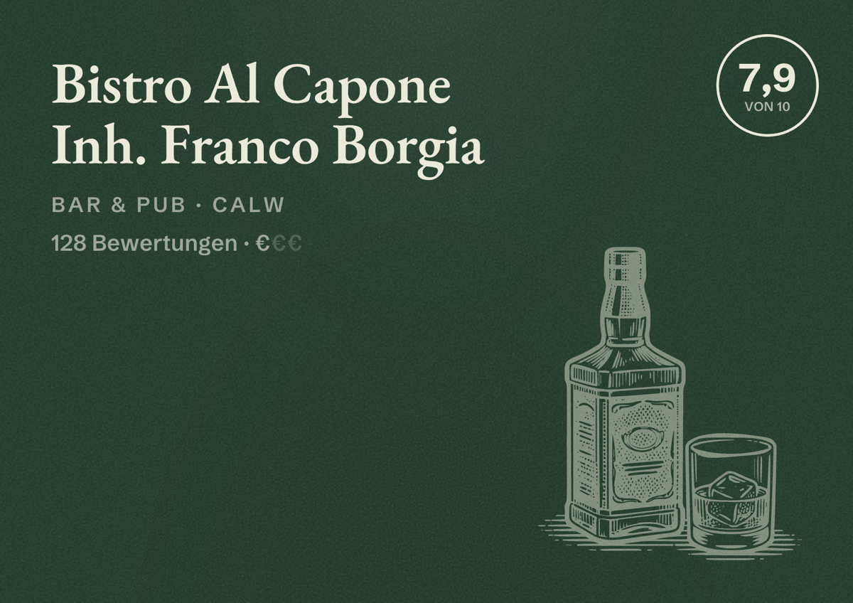 Illustriertes Poster von Bistro Al Capone Inh. Franco Borgia, Bar & Pub in Calw: Bewertung 7,9 von 10 aus 128 Bewertungen, Preisniveau €