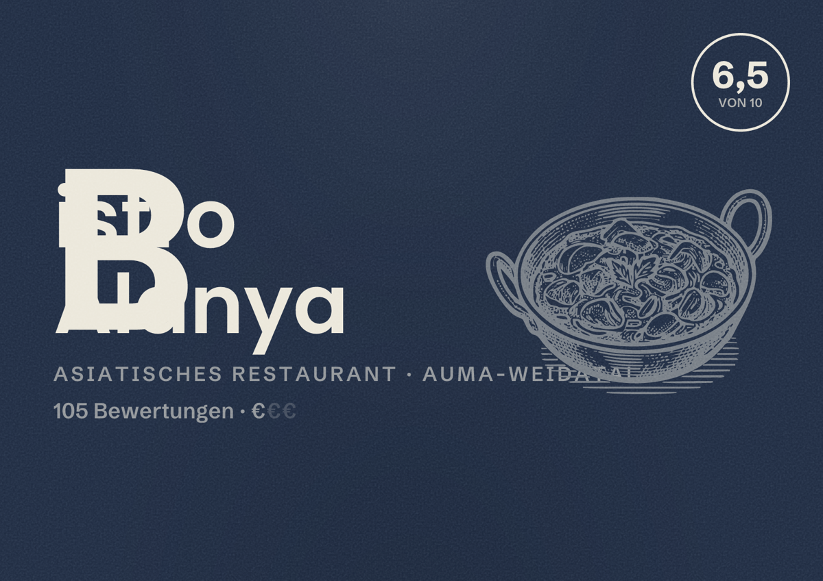 Illustriertes Poster von Bistro Alanya, Asiatisches Restaurant in Auma-Weidatal: Bewertung 6,5 von 10 aus 105 Bewertungen, Preisniveau €
