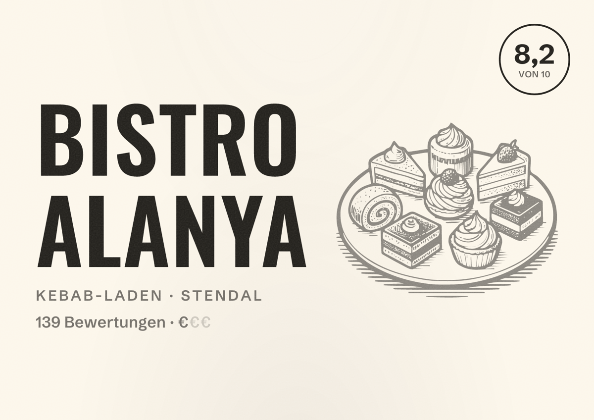 Illustriertes Poster von Bistro Alanya, Kebab-Laden in Stendal: Bewertung 8,2 von 10 aus 139 Bewertungen, Preisniveau €
