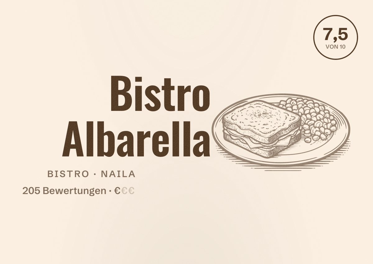 Illustriertes Poster von Bistro Albarella, Bistro in Naila: Bewertung 7,5 von 10 aus 205 Bewertungen, Preisniveau €
