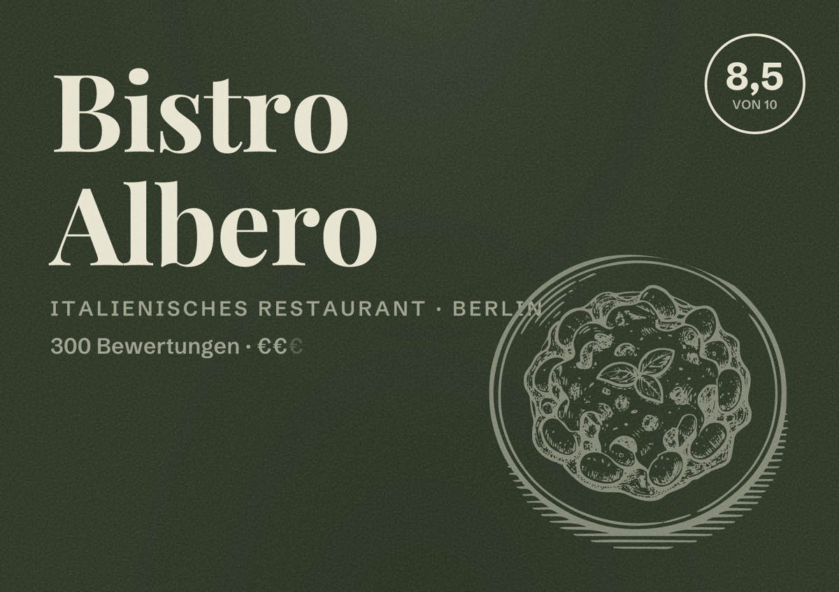 Illustriertes Poster von Bistro Albero, Italienisches Restaurant in Berlin: Bewertung 8,5 von 10 aus 300 Bewertungen, Preisniveau €€