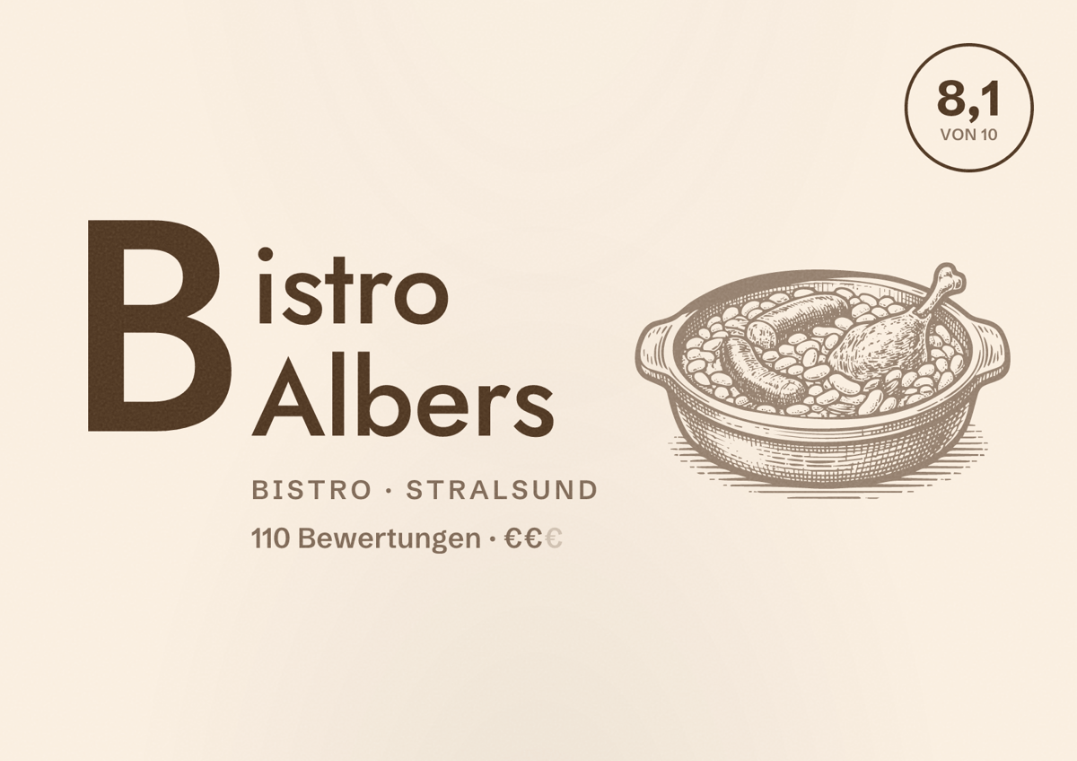 Illustriertes Poster von Bistro Albers, Bistro in Stralsund: Bewertung 8,1 von 10 aus 110 Bewertungen, Preisniveau €€