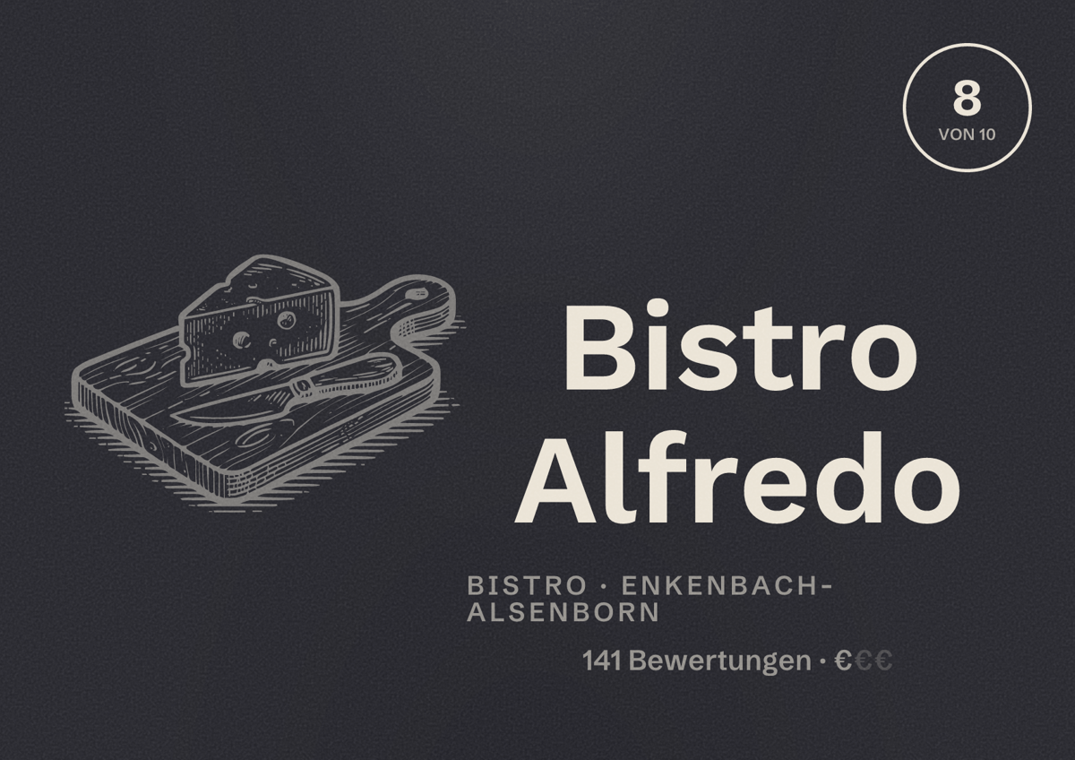 Illustriertes Poster von Bistro Alfredo, Bistro in Enkenbach-Alsenborn: Bewertung 8 von 10 aus 141 Bewertungen, Preisniveau €