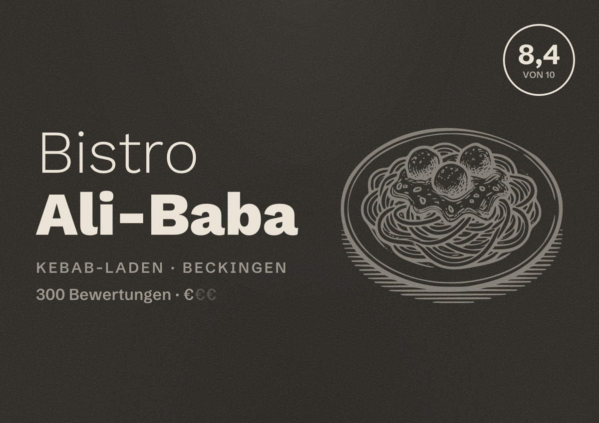 Illustriertes Poster von Bistro Ali-Baba, Kebab-Laden in Beckingen: Bewertung 8,4 von 10 aus 300 Bewertungen, Preisniveau €