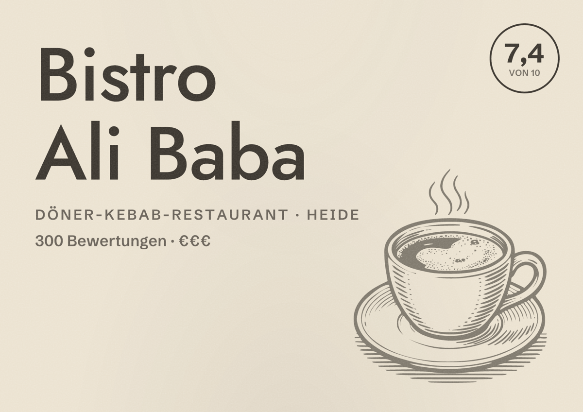 Illustriertes Poster von Bistro Ali Baba, Döner-Kebab-Restaurant in Heide: Bewertung 7,4 von 10 aus 300 Bewertungen, Preisniveau €€€