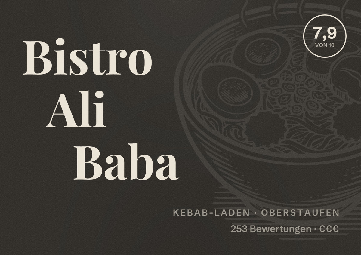 Illustriertes Poster von Bistro Ali Baba, Kebab-Laden in Oberstaufen: Bewertung 7,9 von 10 aus 253 Bewertungen, Preisniveau €€€