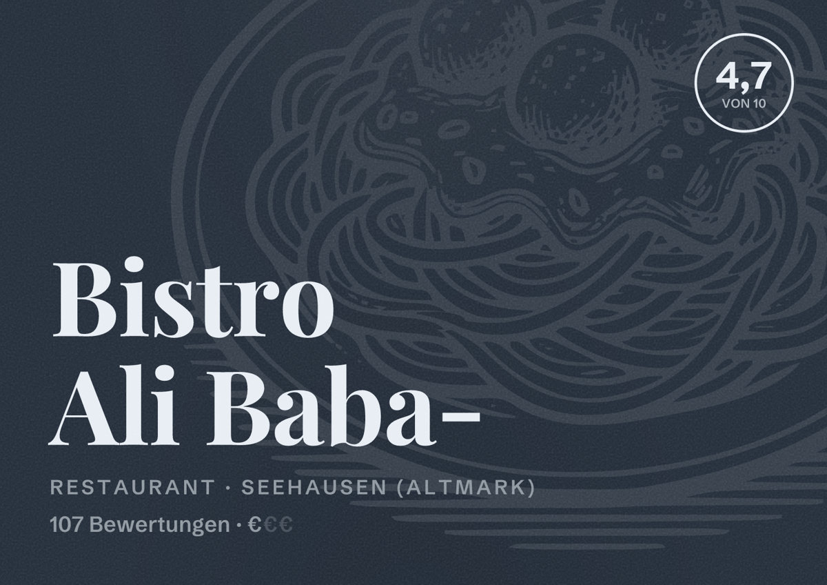 Illustriertes Poster von Bistro Ali Baba-, Restaurant in Seehausen (Altmark): Bewertung 4,7 von 10 aus 107 Bewertungen, Preisniveau €