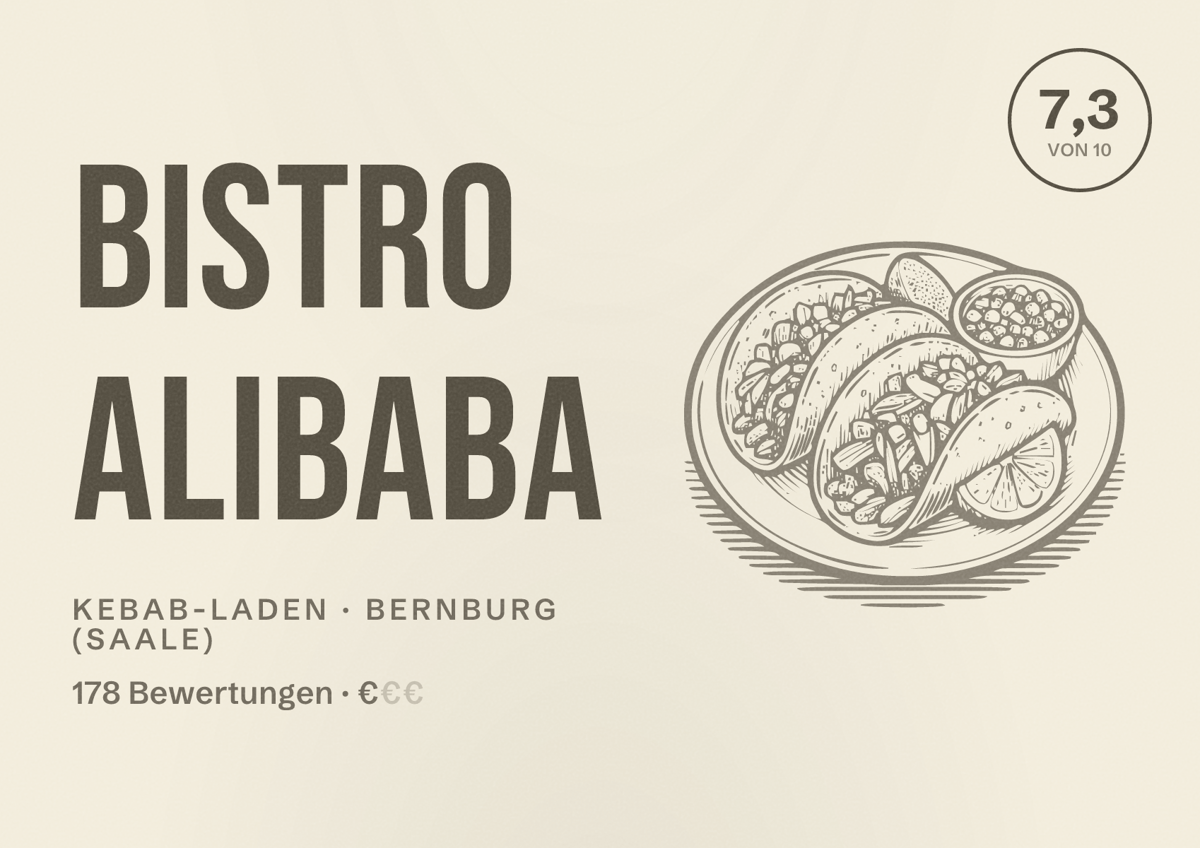 Illustriertes Poster von Bistro Alibaba, Kebab-Laden in Bernburg (Saale): Bewertung 7,3 von 10 aus 178 Bewertungen, Preisniveau €