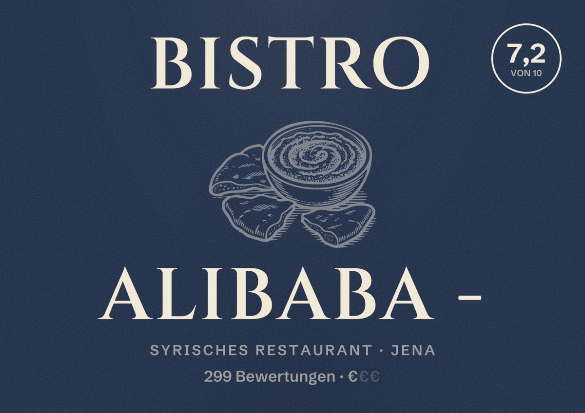Illustriertes Poster von Bistro Alibaba -, Syrisches Restaurant in Jena: Bewertung 7,2 von 10 aus 299 Bewertungen, Preisniveau €