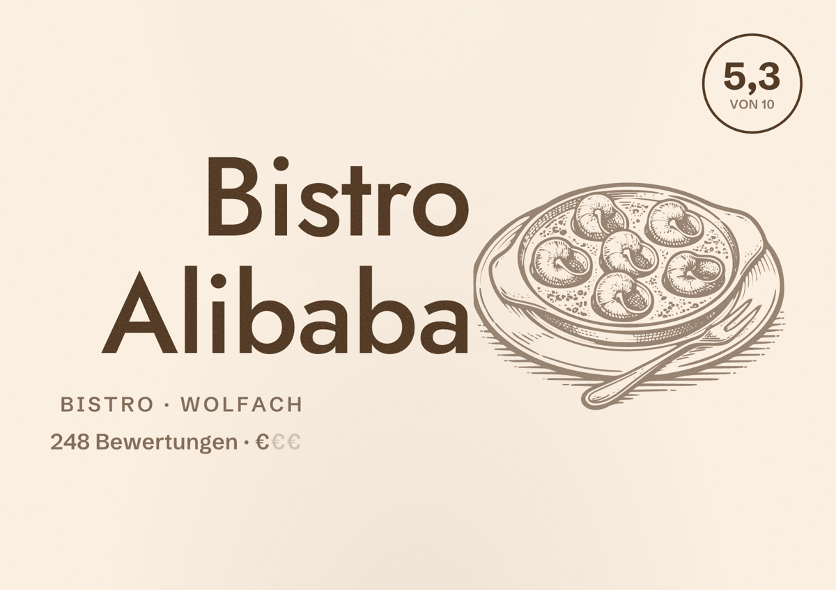 Illustriertes Poster von Bistro Alibaba, Bistro in Wolfach: Bewertung 5,3 von 10 aus 248 Bewertungen, Preisniveau €