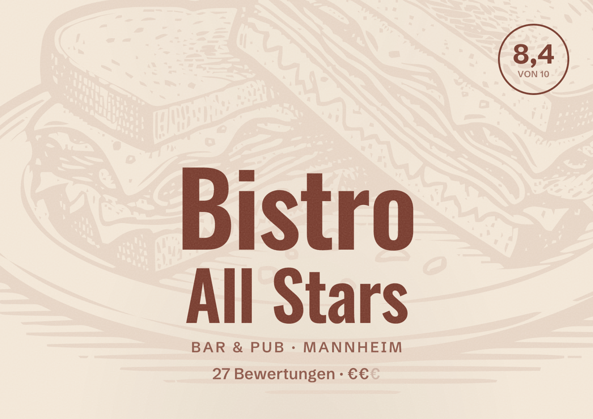 Illustriertes Poster von Bistro All Stars, Bar & Pub in Mannheim: Bewertung 8,4 von 10 aus 27 Bewertungen, Preisniveau €€
